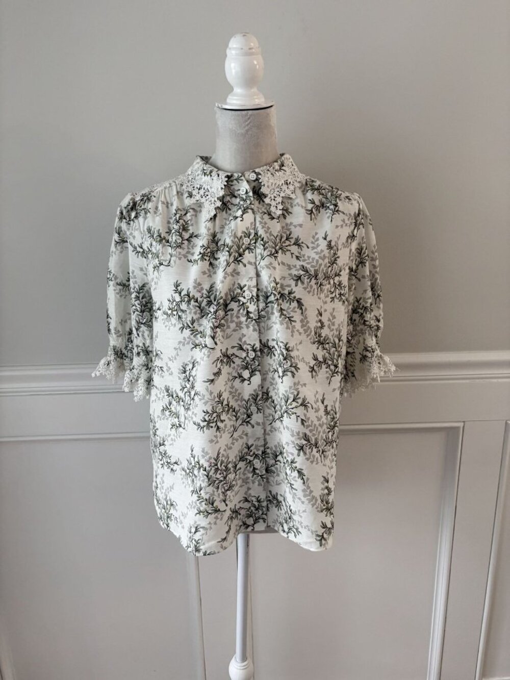 ME+EM Botanical Print Lace Accent Blouse Top UK12 US 8 - Picture 3 of 9